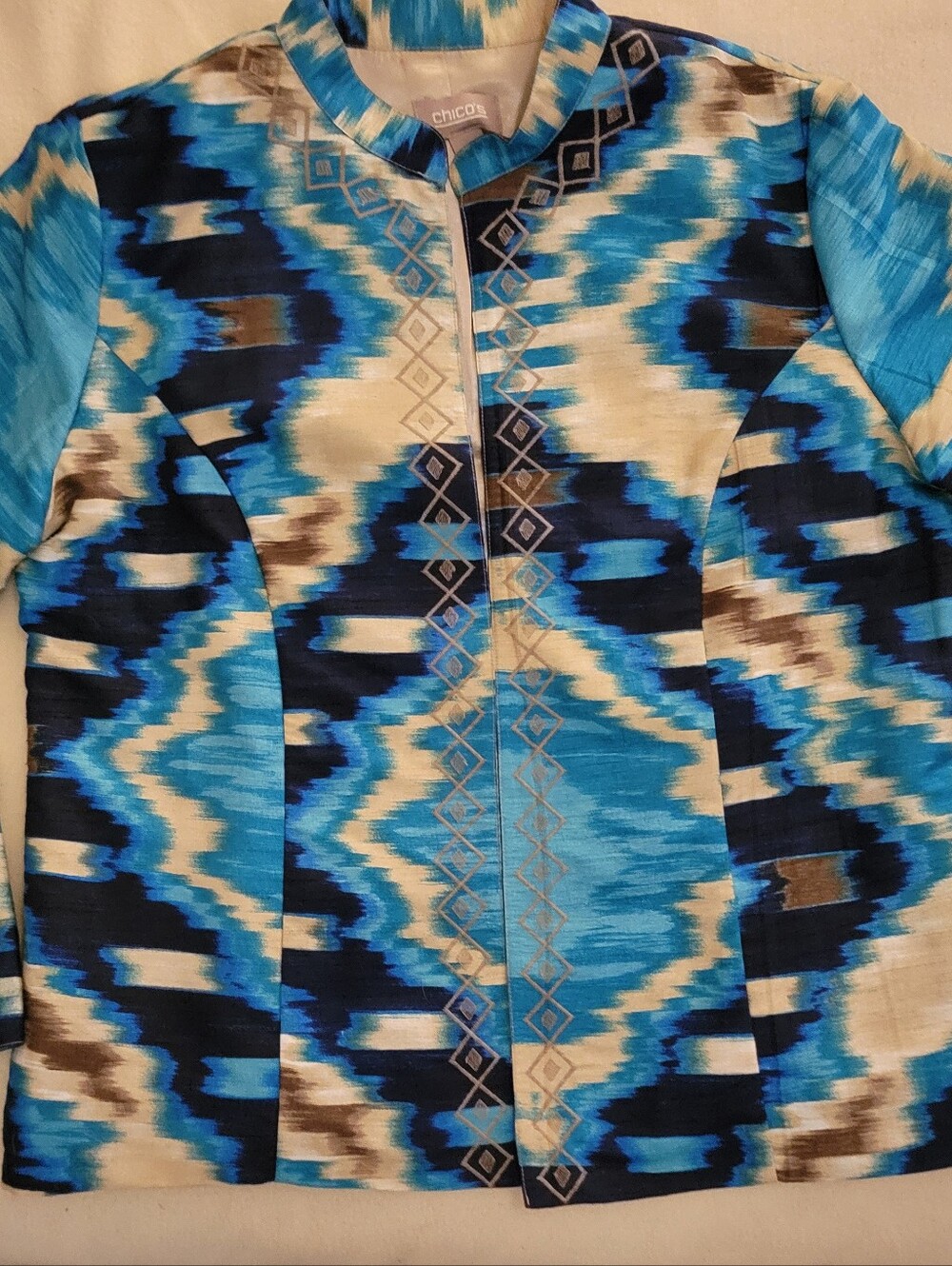 Chico's Size 2L 12/14 Ikat Print Blazer Jacket Embroidered Fully Lined